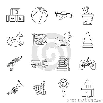 Different kids toys icons set, outline style Vector Illustration