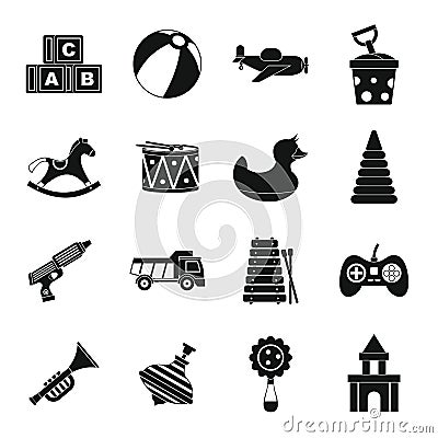 Different kids toys icons set, simple style Vector Illustration