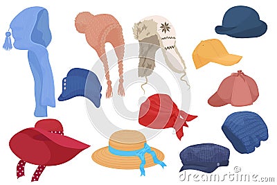 Different kind of cartoon hats set collection. Vector Illustration