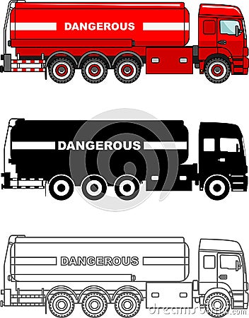 Different kind cistern trucks carrying chemical, radioactive, toxic, hazardous substances isolated on white background Vector Illustration