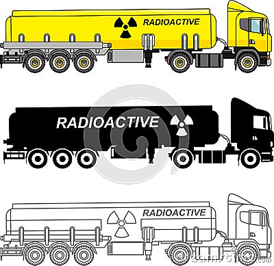 Different kind cistern trucks carrying chemical, radioactive, toxic, hazardous substances isolated on white background in flat sty Vector Illustration