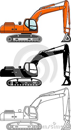 Different kind excavators isolated on white background in flat style: colored, black silhouette and contour. Vector Vector Illustration