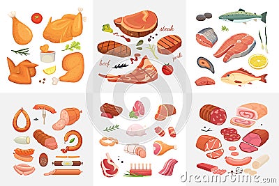 Different kind of meat food icons set vector. Raw ham, set grill chiken, piece of pork, meatloaf, whole leg, beef and Vector Illustration