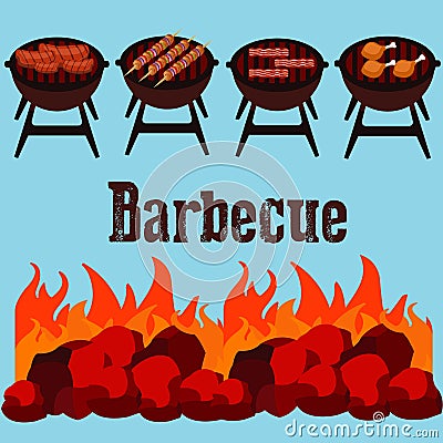 Different kind of meat on the grill illustration Cartoon Illustration