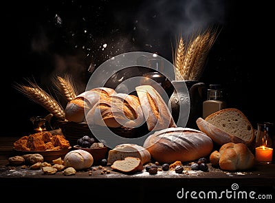 Different kind of natural breads. Fresh loafs of bread in the blue basket with ears of rye and wheat on a black Stock Photo