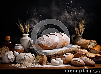 Different kind of natural breads. Fresh loafs of bread in the blue basket with ears of rye and wheat on a black Stock Photo