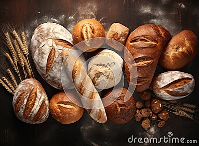 Different kind of natural breads. Fresh loafs of bread in the blue basket with ears of rye and wheat on a black Stock Photo