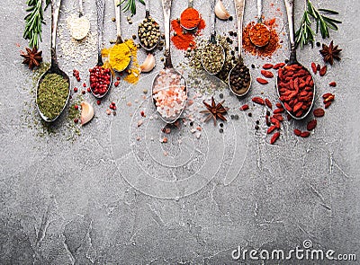 Different kind of spices in vintage spoons Stock Photo