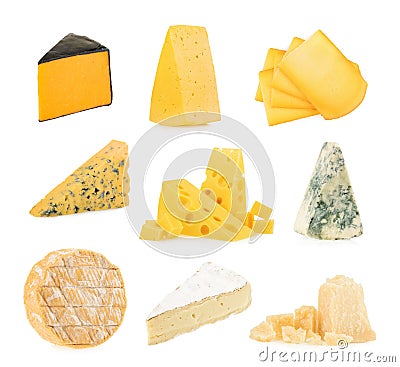 Different kinds of cheeses isolated on white background Stock Photo