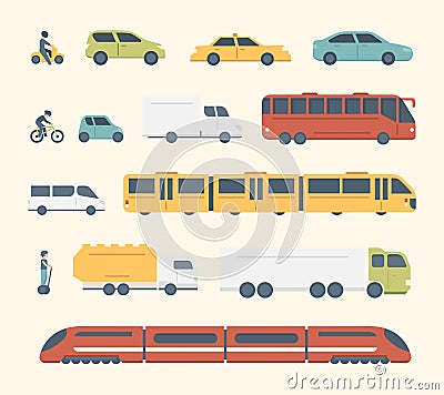 Different kinds of city and intercity public transport. Set transportation vector illustration. Car, bus and truck Icons Vector Illustration