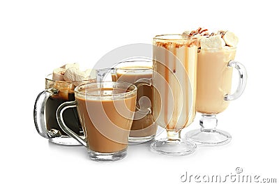 Different kinds of coffee drinks on white background Stock Photo