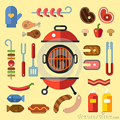 Different kinds of meat and fish steaks, sausages Vector Illustration