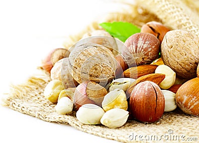 Different kinds of nuts (almonds, walnuts, hazelnuts) Stock Photo
