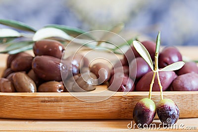 Olives on wooden background, kalamata, kalamon, green olives Stock Photo