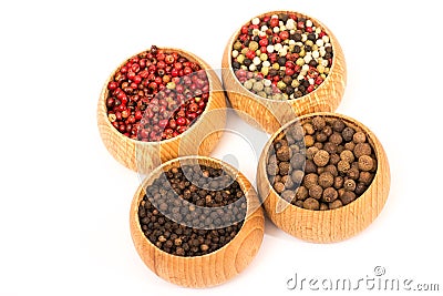 Different kinds of peppercorn beans isolated Stock Photo