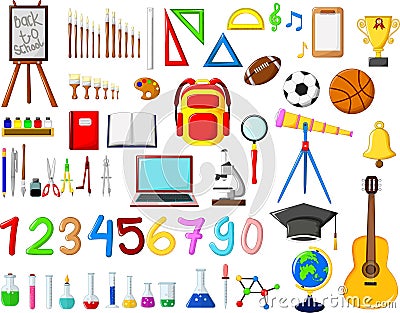 Different kinds of School equipment cartoon Stock Photo