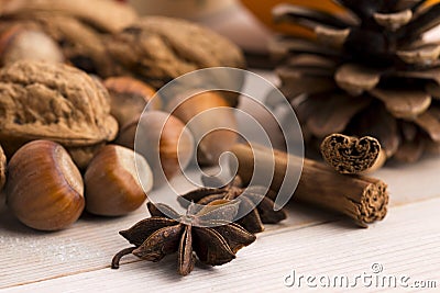 Different kinds of spices, nuts and dried oranges Stock Photo