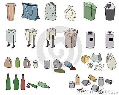 Different kinds of waste and various bins Vector Illustration