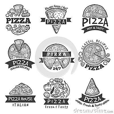 Different labels set for pizza restaurant. Classical italian food Vector Illustration