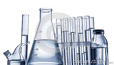 Different laboratory beakers and glassware. Stock Photo