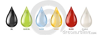 Different liquids drops. Colorful droplets of oil, honey and milk, water. Petrol and blood falling drop realistic vector Vector Illustration