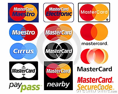 Different logotypes of payment system Mastercard Editorial Stock Photo