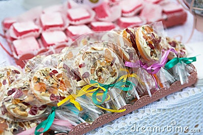 Different lollipop candies closeup, confectionery sale Stock Photo