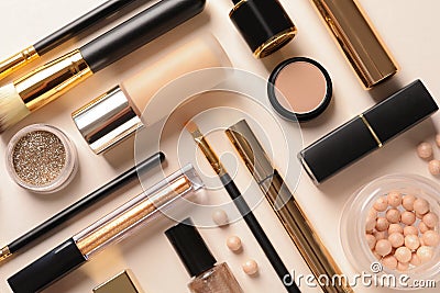 Different luxury makeup products, flat lay Stock Photo