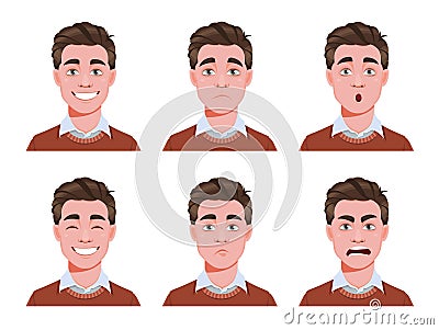 Different male emotions set. Young guy Vector Illustration