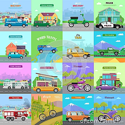 Different Means of Transportation. Auto Icons. Vector Illustration