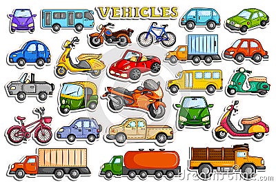 Different means of transportation vehicle in sticker style Vector Illustration