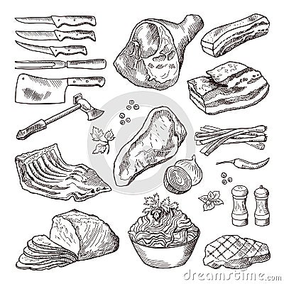 Different meat food. Pork, bacon and kitchen accessories. Knife and axe vector hand drawn picture Vector Illustration