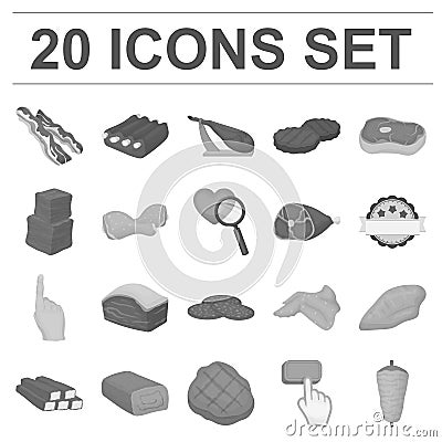 Different meat monochrome icons in set collection for design. Meat product vector symbol stock web illustration. Vector Illustration