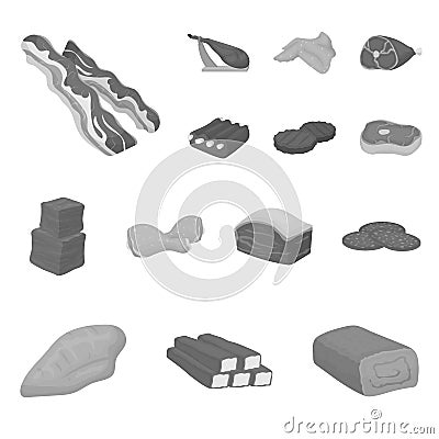 Different meat monochrome icons in set collection for design. Meat product vector symbol stock web illustration. Vector Illustration