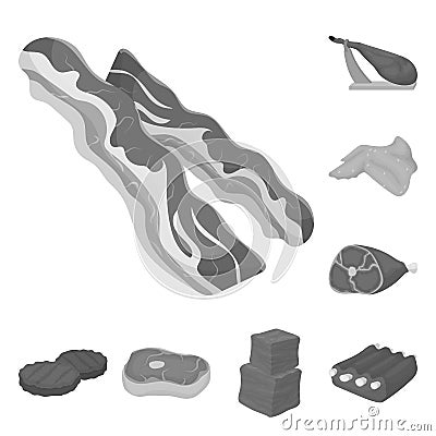 Different meat monochrome icons in set collection for design. Meat product vector symbol stock web illustration. Vector Illustration