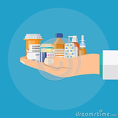 Different medical pills and bottles in hand Vector Illustration