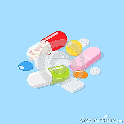 Different medical pills, tablets, capsules. Cartoon Illustration