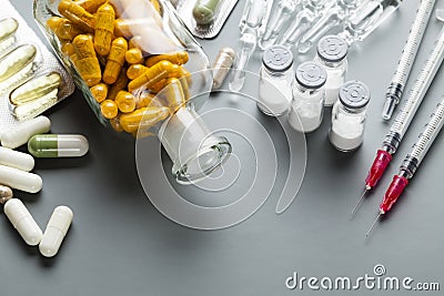 Different medications as a pills, tablets and injections Stock Photo