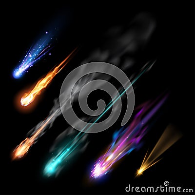 Different meteors, comets and fireballs Stock Photo