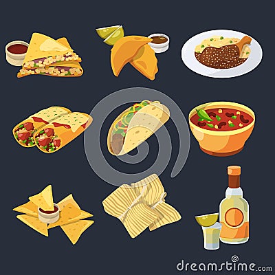 Different mexican foods in cartoon style. Traditional cuisine. Chicken, tacos and tequila vector illustrations Vector Illustration