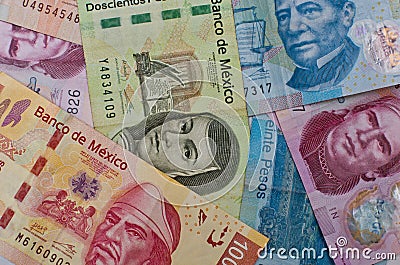 Different Mexican money background. Stock Photo