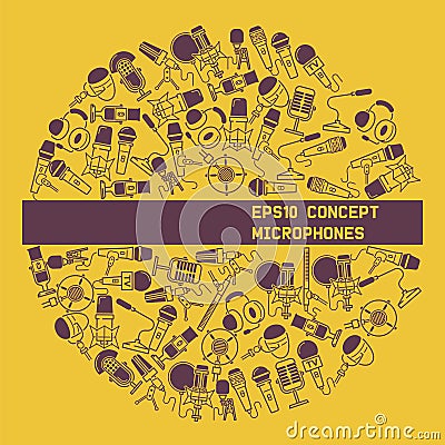 Different microphones banner vector illustration. Music festival. Live speech. Music recording for singers. Modern Vector Illustration