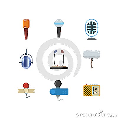 Different microphones and dictaphone vector flat icons Vector Illustration