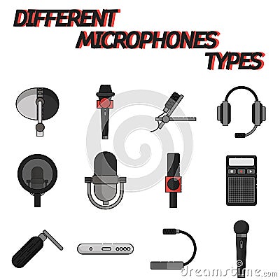 Different microphones types flat icon set Vector Illustration