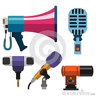 Different microphones types icons journalist vector interview music broadcasting vocal tool tv tool. Vector Illustration