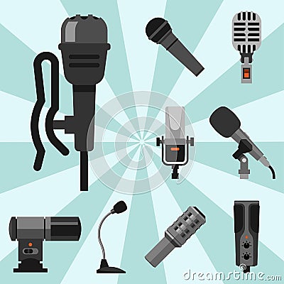 Different microphones types icons journalist vector interview music broadcasting vocal tool tv tool. Vector Illustration