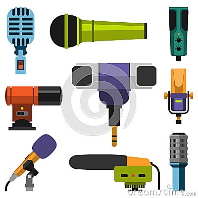 Different microphones types icons journalist vector interview music broadcasting vocal tool tv tool. Vector Illustration