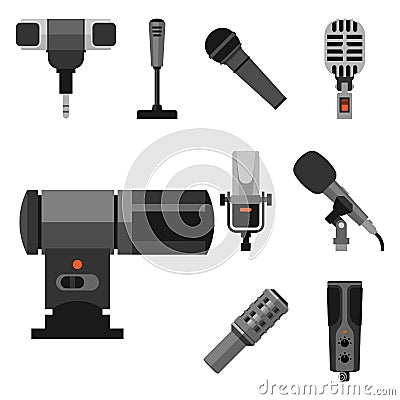 Different microphones types icons journalist vector interview music broadcasting vocal tool tv tool. Vector Illustration