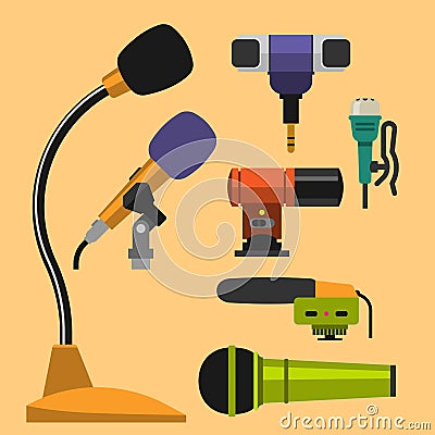 Different microphones types icons journalist vector interview music broadcasting vocal tool tv tool. Vector Illustration