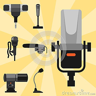 Different microphones types icons journalist vector interview music broadcasting vocal tool tv tool. Vector Illustration